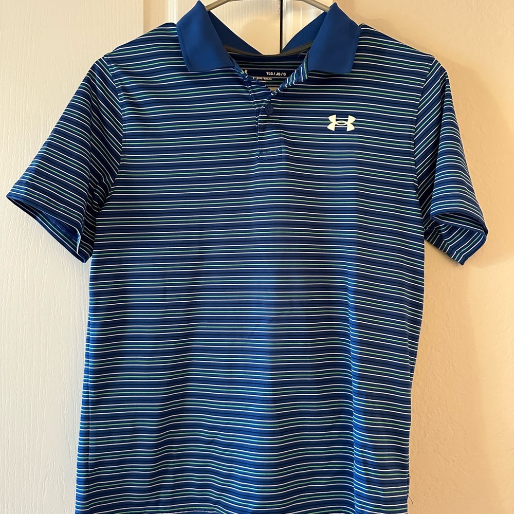 Under Armour Navy Polo with Green & White Stripes